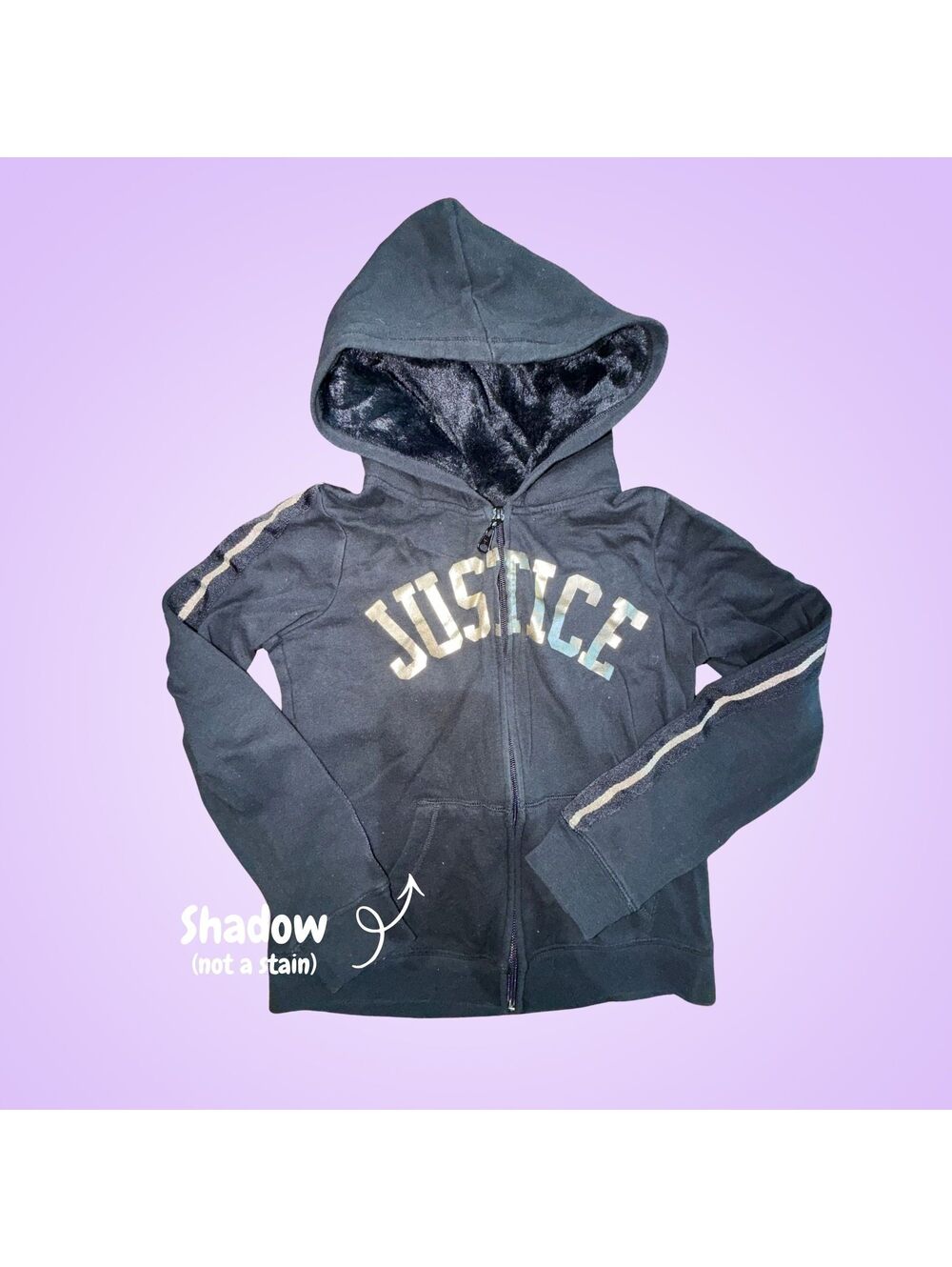 Justice Girls Size 12 Black Gold Metallic Full Zip Hoodie | Plush Lined Hood